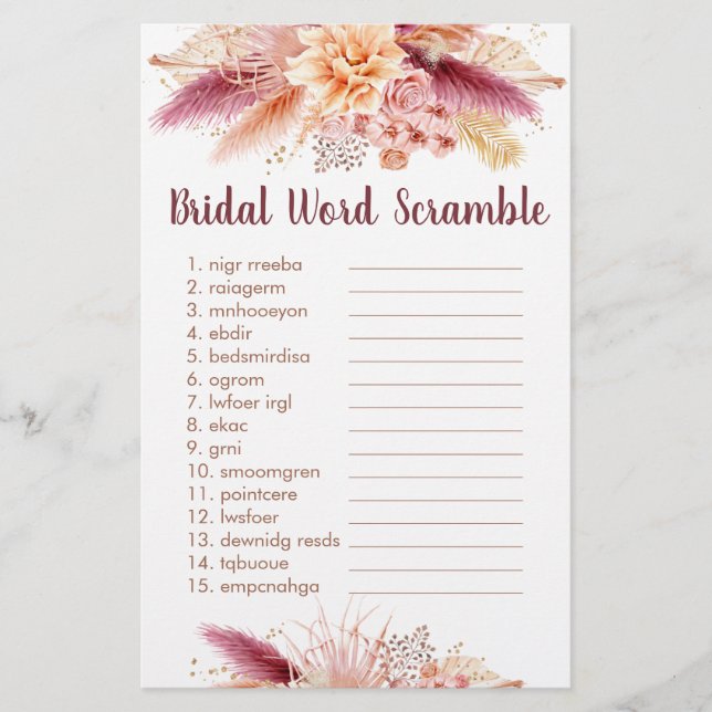 Automne Pampas Grass Boho Bride Mot Scramble Jeu (Devant)