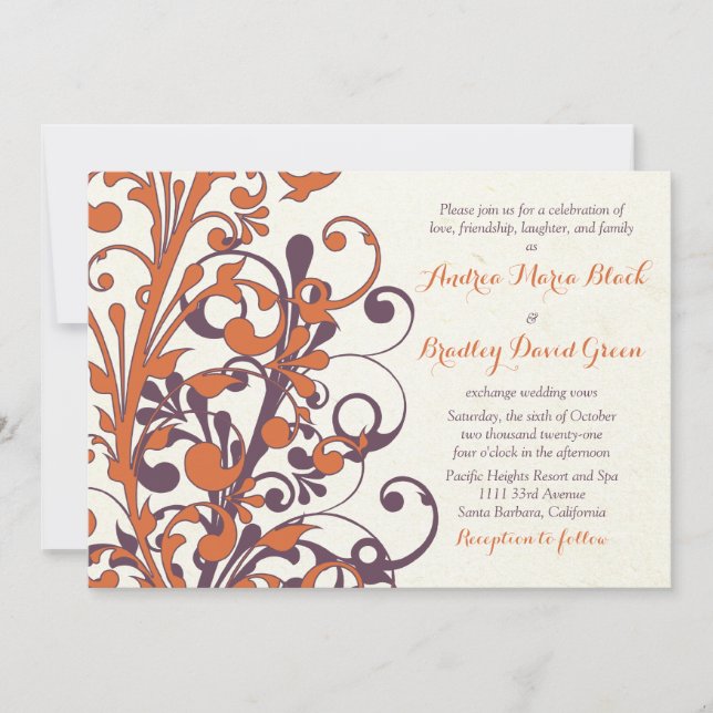 Automne Purple Orange Floral Faire-part de mariage (Devant)