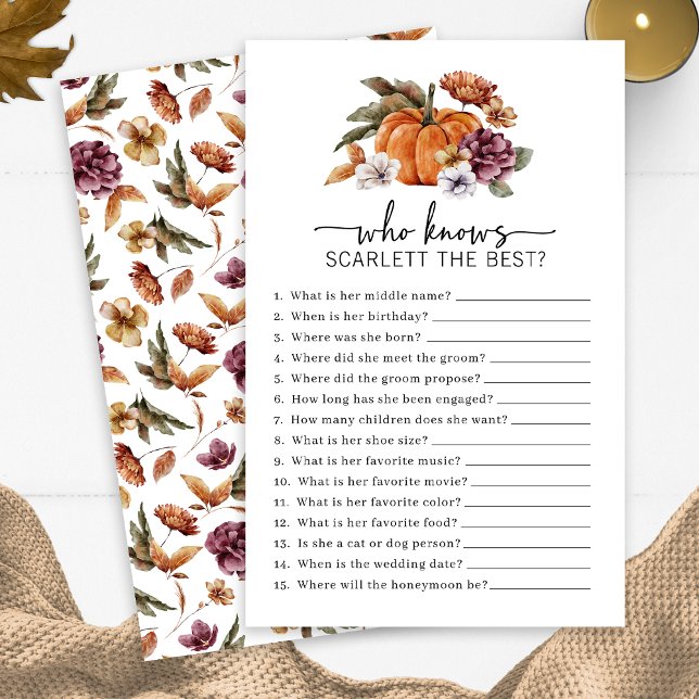 Automne Qui Connaît Le Jeu De Mariage (Fall Who Knows The Bride Game Fall In Love Bridal Shower Pumpkin Florals by Painted Paperie)