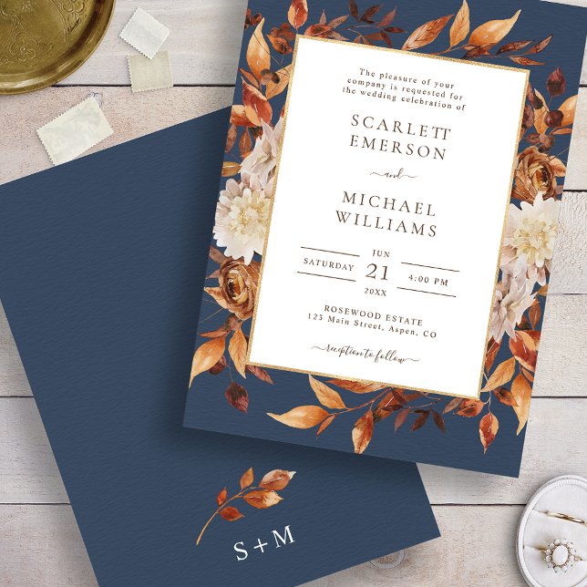 Automne quitte le Faire-part de mariage rustique (Navy Blue Fall Leaves Rustic Wedding Invitation
)