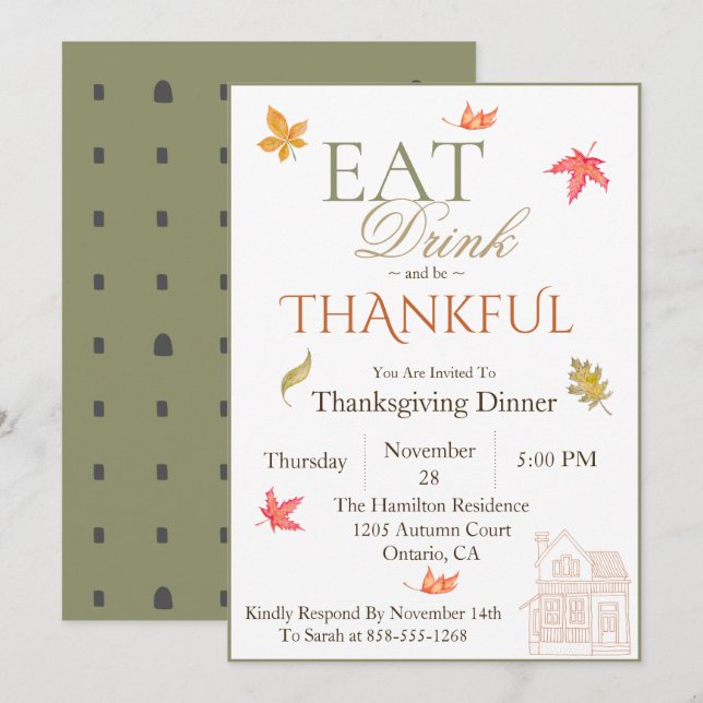 Automne quitte Thanksgiving Dîner Invitation (Devant / Derrière)