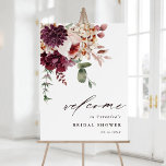 Automne Romance Floral Fête des mariées Affiche de<br><div class="desc">Ce panneau d'accueil pour la douche nuptiale présente un bouquet de fleurs d'aquarelle de dahlias, de roses de jardin et de pivoines en rouge bordeaux, marron, rose roux sur les feuilles d'automne. Pour une personnalisation plus avancée de cette conception, cliquez sur le BOUTON OUTIL DESIGN BLEU. Des articles correspondants sont...</div>