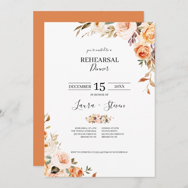 Automne Terracotta Orange Fleurs Dîner de répétiti (Devant / Derrière)