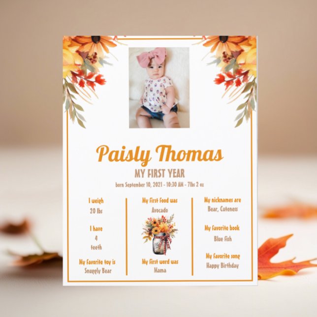 Automne Tournesol 1er Anniversaire Poster de jalon (Créateur téléchargé)