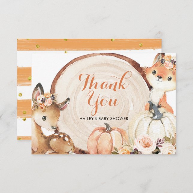 Automne Woodland Girl Baby shower Carte de remerci (Devant / Derrière)
