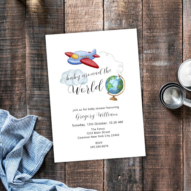 Autour de la carte du monde Baby shower d'avion (Around The World Map Airplane Baby Shower Invitation)