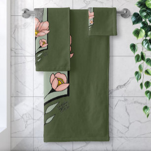 Autruche Rose Fleurs Vert Olive Art Déco