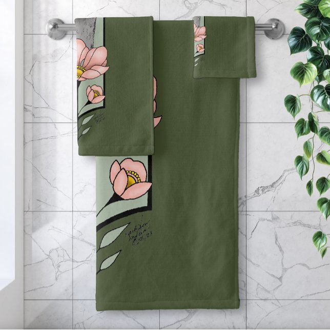 Autruche Rose Fleurs Vert Olive Art Déco (Créateur téléchargé)