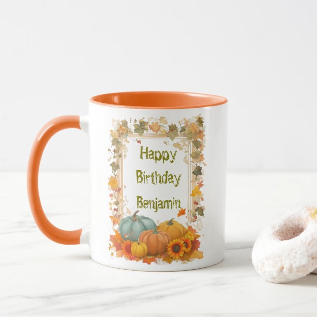 Autumn Birthday Mug Personalized Fall Pumpkins  (Avec donut)