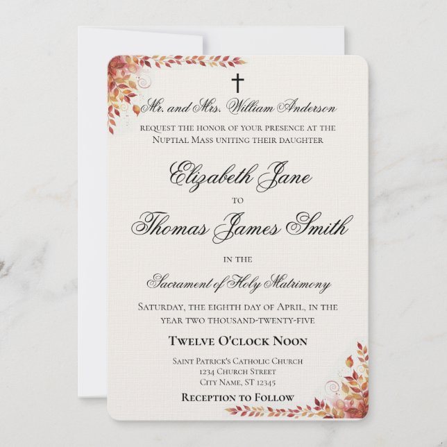 Autumn Catholic Red and Gold Wedding Invitation (Devant)
