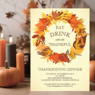 Autumn Leaf Wreath Thanksgiving Dîner Invitation