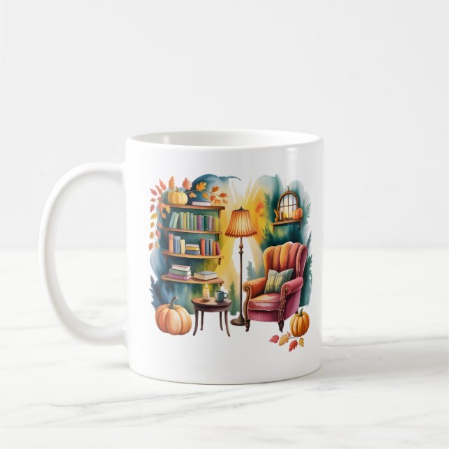 Autumn Reading Chair Mug — Cozy Lamp & Book Corner (Gauche)