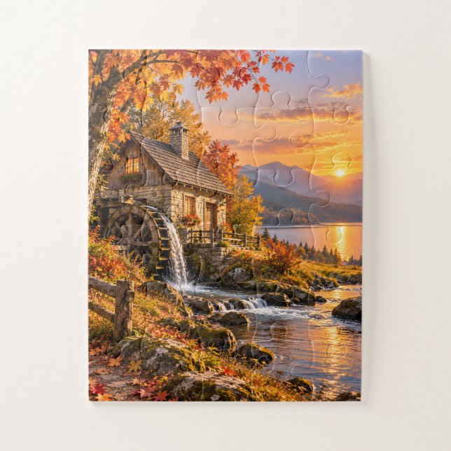 Autumn Watermill Sunset Jigsaw Puzzle (Vertical)