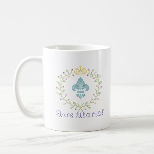Ave Maria Cross Stitch Look American Mug avec logo (Gauche)