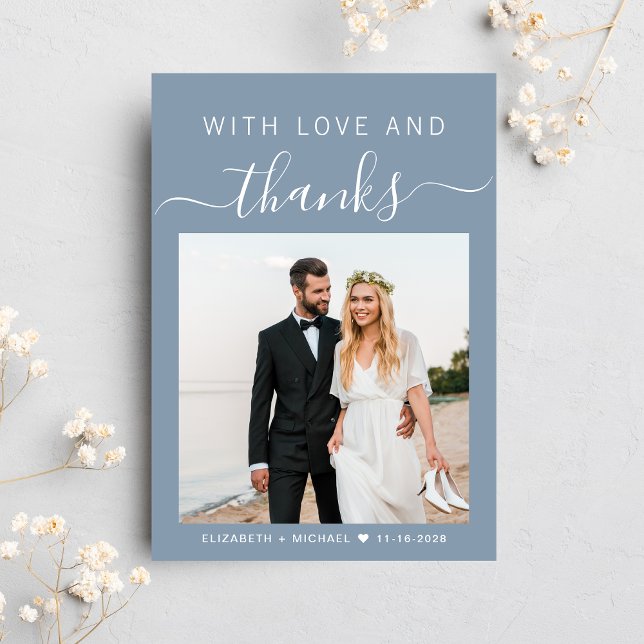 Avec Amour Et Merci Photo Dusty Mariage Bleu (Celebrate your love story with a thank you card showcasing your favorite wedding day photo)