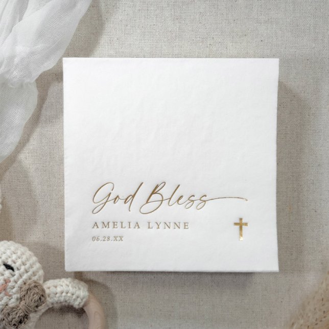Avec Dorure Dieu Bénisse Serviettes de Baptême Croix Moderne O (Personalized Baptism Napkins - Gold Bless with simple gold cross design. Modern handwriting.)