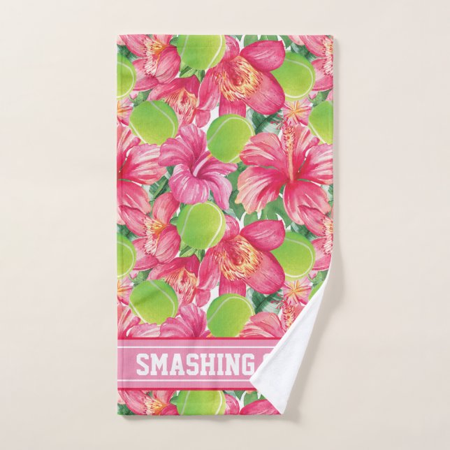 Avec texte 🌺 🌴 Tennis tropical avec hibiscus, (Serviette à main)