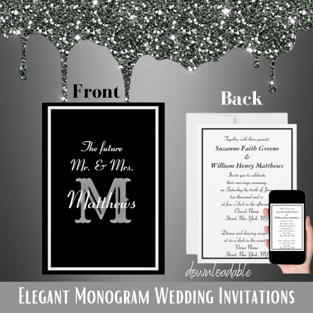 Avenir Élégant M. Mme Monogram Invitations de mari (Elegant Mr Mrs Monogram Black Wedding Invitations)