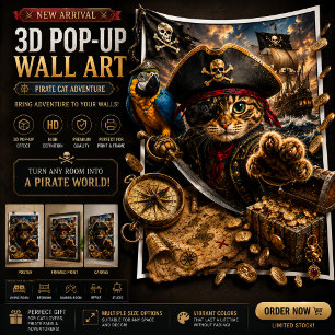 Aventure de Chat Pirate Art Poster 3D Pop-Up Mural