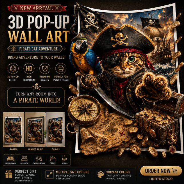 Aventure de Chat Pirate Art Poster 3D Pop-Up Mural (Créateur téléchargé)