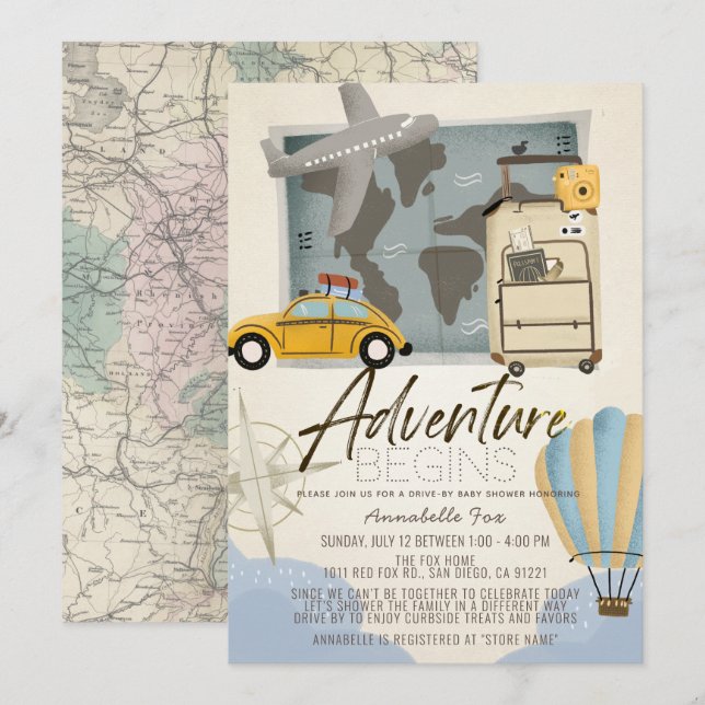 Aventure Débute Carte de Voyage Baby shower par vo (Devant / Derrière)
