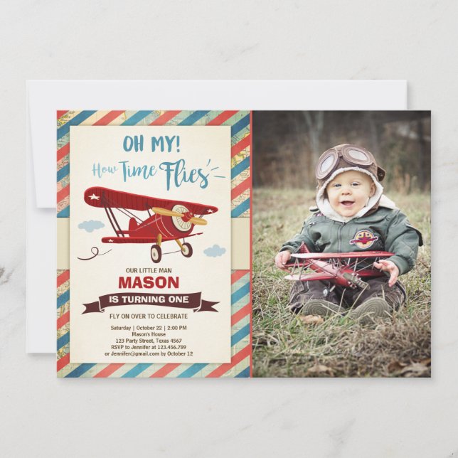 Avion Invitation Anniversaire Heure des vols Avion (Devant)