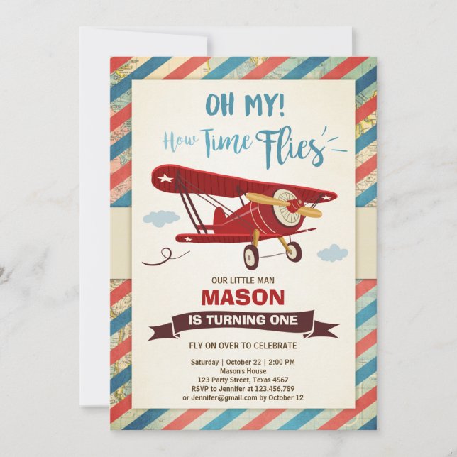 Avion Invitation Anniversaire Heure des vols Avion (Devant)