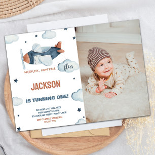 Avion Invitations Anniversaire Gris Brown avec pho