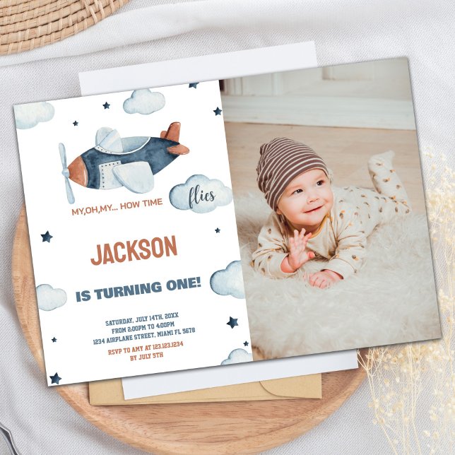 Avion Invitations Anniversaire Gris Brown avec pho (Airplane Birthday Invitations Gray Brown w photo)