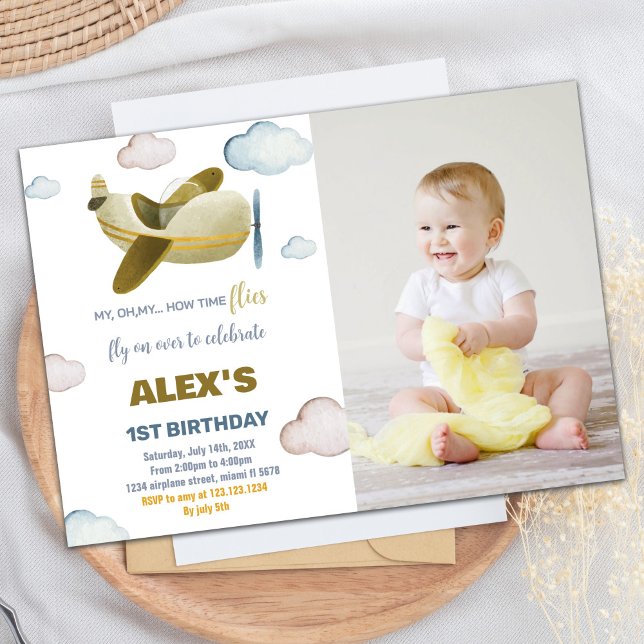 Avion Invitations Anniversaire Jaune Orange photo (Airplane Birthday Invitations Yellow Orange photo)