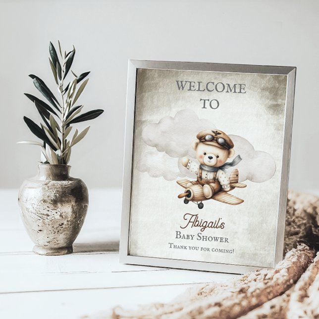 Avion Teddy Bear Baby shower Affiche de bienvenue (Cute "Special Delivery Via Airmail . . . It's A Boy!" Teddy Bear | Airplane Baby Shower Welcome Sign)