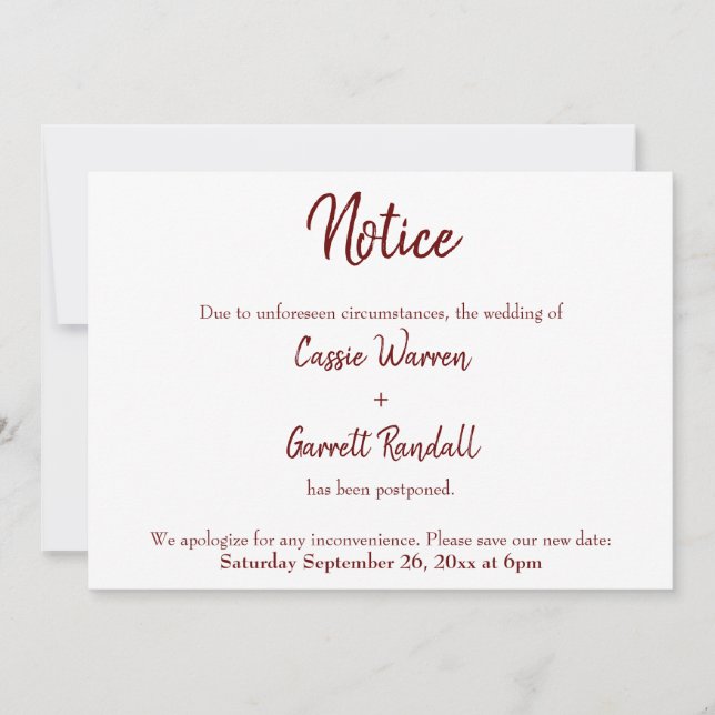 Avis Burgundy Reporté Faire-part Mariage (Devant)