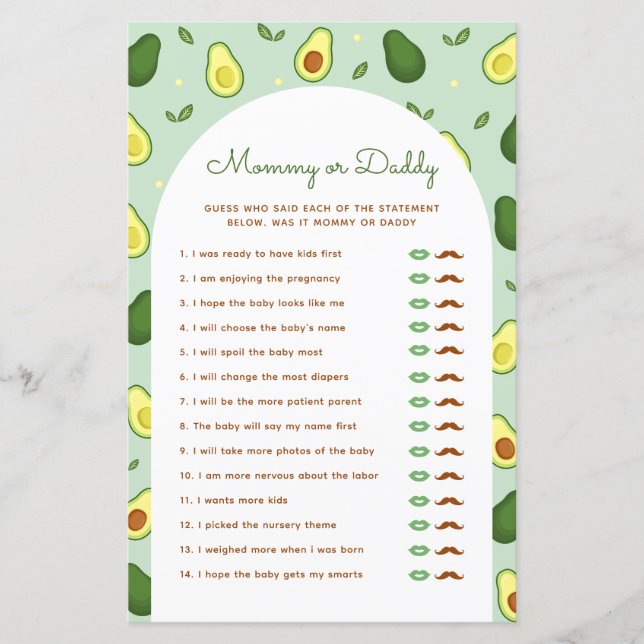 Avocado Mommy ou Daddy Baby shower Game (Devant)