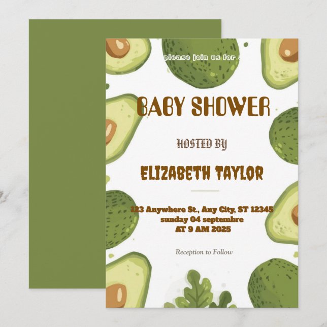 Avocado Themed Baby Shower Invitation  (Devant / Derrière)