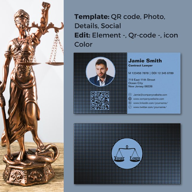 Avocat professionnel Cartes de visite bleus (Blue Lawyer Business Card, your logo, profile photo, QR-code, physical & virtual details)