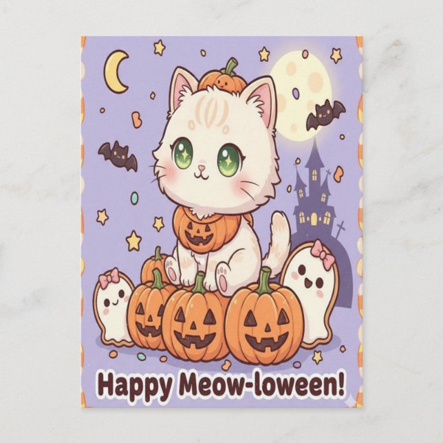 awaii Chat en costume Citrouille Carte d'Halloween (Devant)