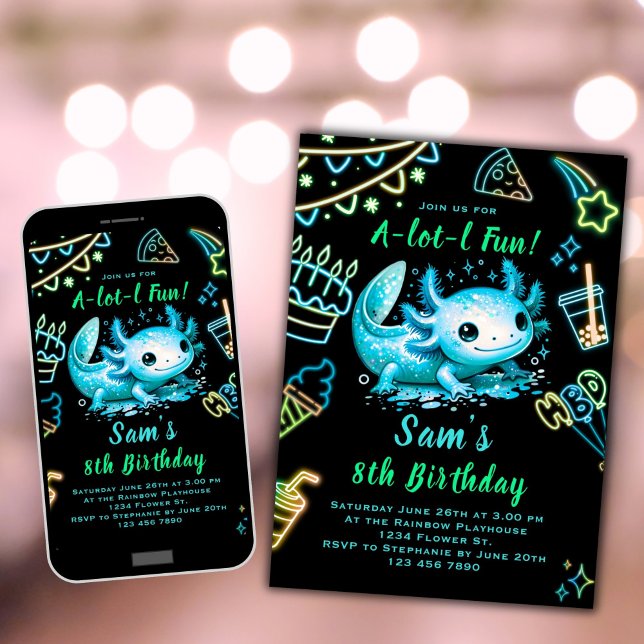 Axolotl Anniversaire Invitation Neon Boy Axolotl (Créateur téléchargé)