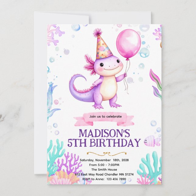 Axolotl Birthday party invitation (Devant)