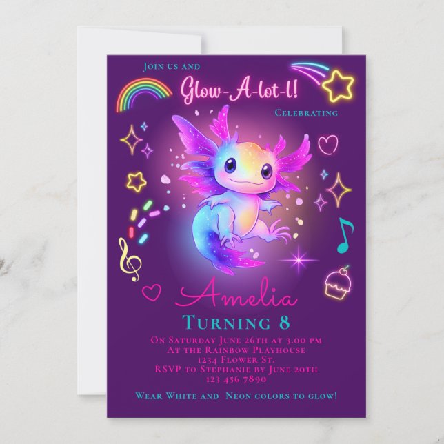 Axolotl Invitation Anniversaire Neon Glow Axolotl (Devant)