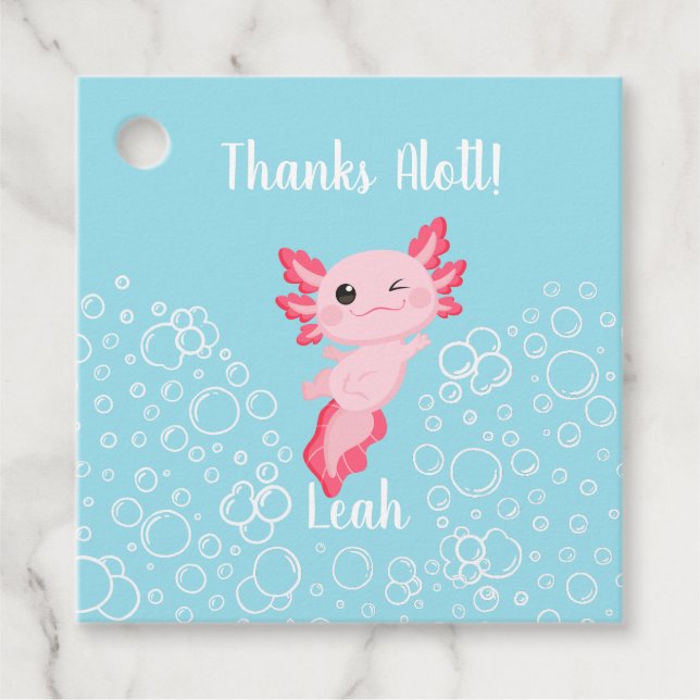 Axolotl rose et bleu, étiquette cadeau d'anniversa (Devant)