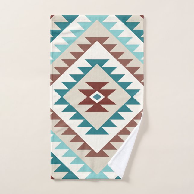 Aztec Diamond Motif Design Teals Creams Browns (Serviette à main)