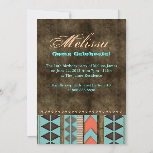 Aztec Sweet 16 Invitation Bleu Cool Brown Motif (Devant)