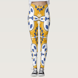 Azulejos Bleu Jaune Blanc Motif Carreaux Leggings