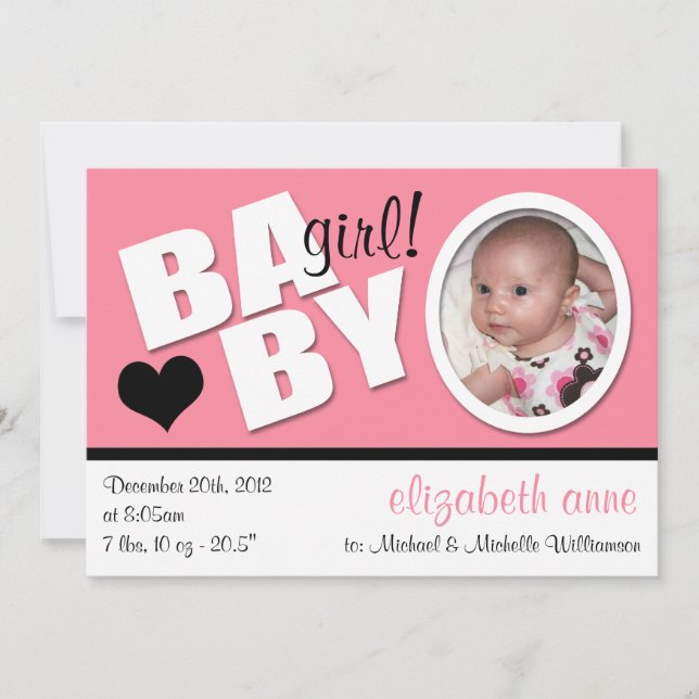 B A B Y Faire-part de naissance photo rose tendanc (Devant)