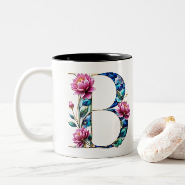 B Café Mug - Design floral pour le don (Avec donut)