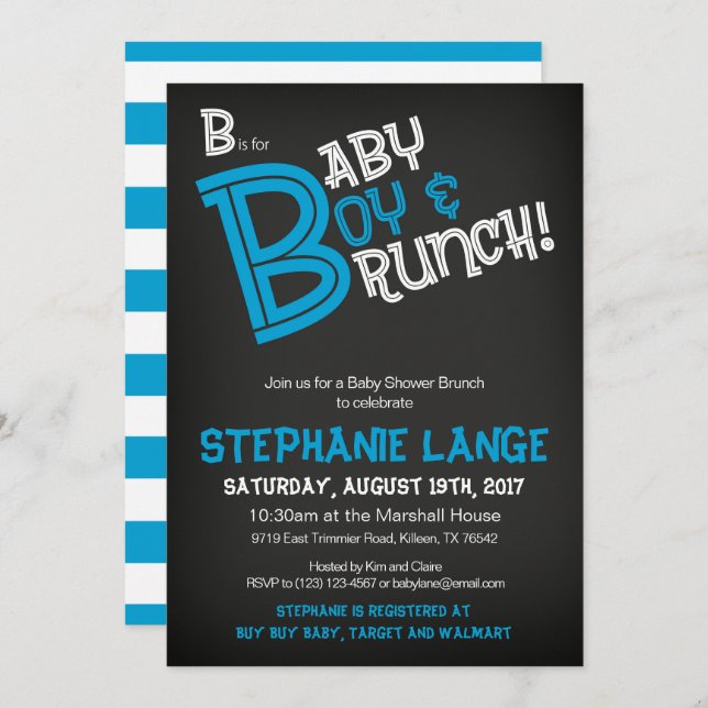 B est pour Baby Boy Baby shower Invitation Card (Devant / Derrière)