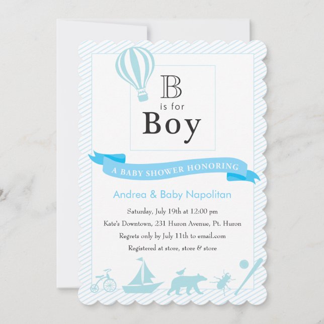 B est pour Boy| Invitations de douches pour bébés (Devant)