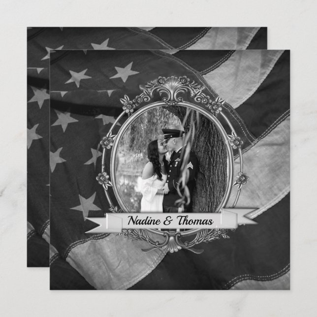 B&W Faire-part de mariage militaire avec photo (Devant / Derrière)