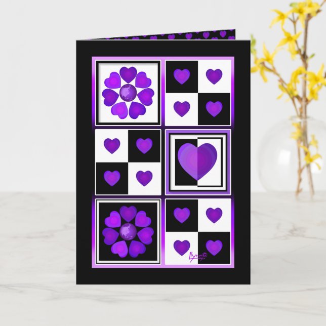 B&W Purple Hearts Battre la carte d'anniversaire (Fleur jaune)