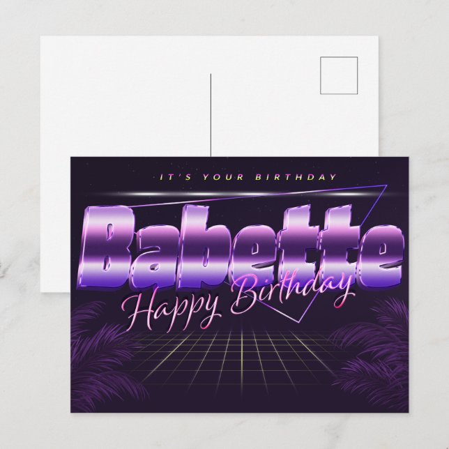 Babette prénom carte postale violette anniversaire (Devant / Derrière)